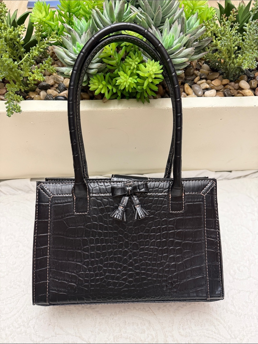 Liz Claiborne Crocodile Embossed Small Tote in Black Like New